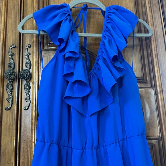 Amanda Uprichard Y2K Vintage Royal Blue Ruffle. Halter V Neck Backless Dress L - Picture 5 of 10